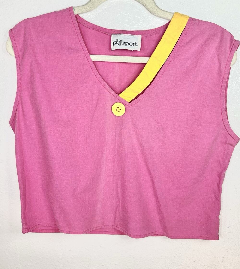 Vtg 80s Pbj Sport Pink Sleeveless Pink Crop Top With Button Accent Cotton Size 7